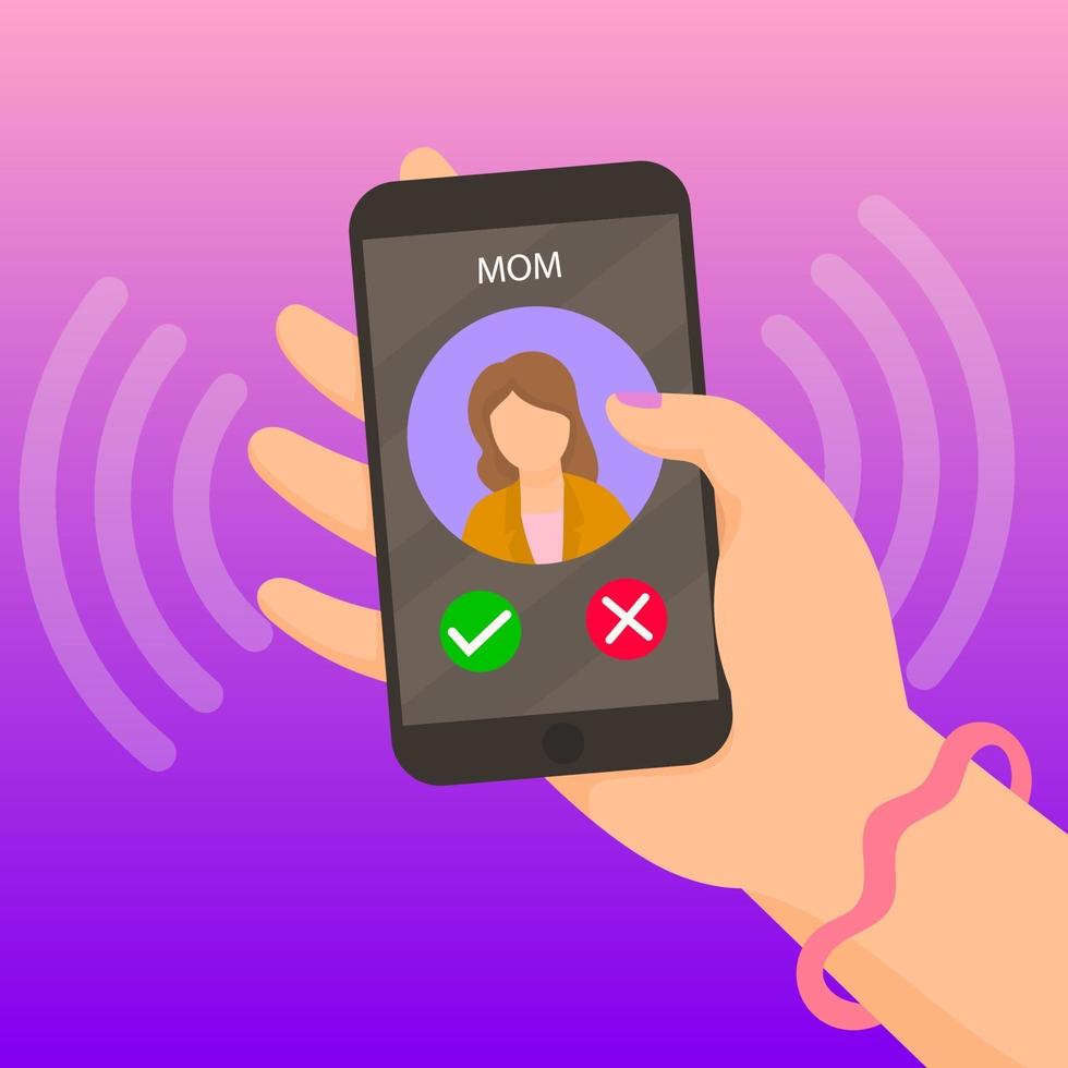 A Hand Holding Smart Phone With Mom's Incoming Call vector