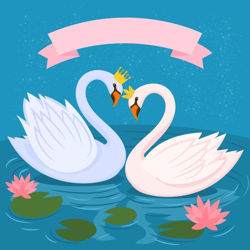 Two swans on the lake. Swans in a pond water plants vector