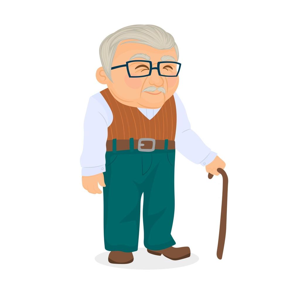 old man with gray hair walking with cane, glasses and sweater vector