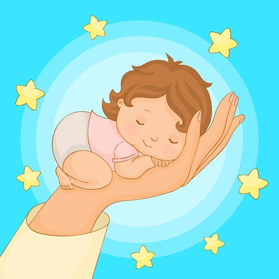 Baby asleep in a hand with stars in the background vector