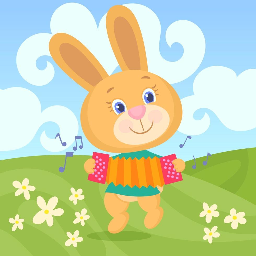 conejo amarillo y esponjoso, tocando el acordeón, mientras salta por el campo lleno de flores. vector
