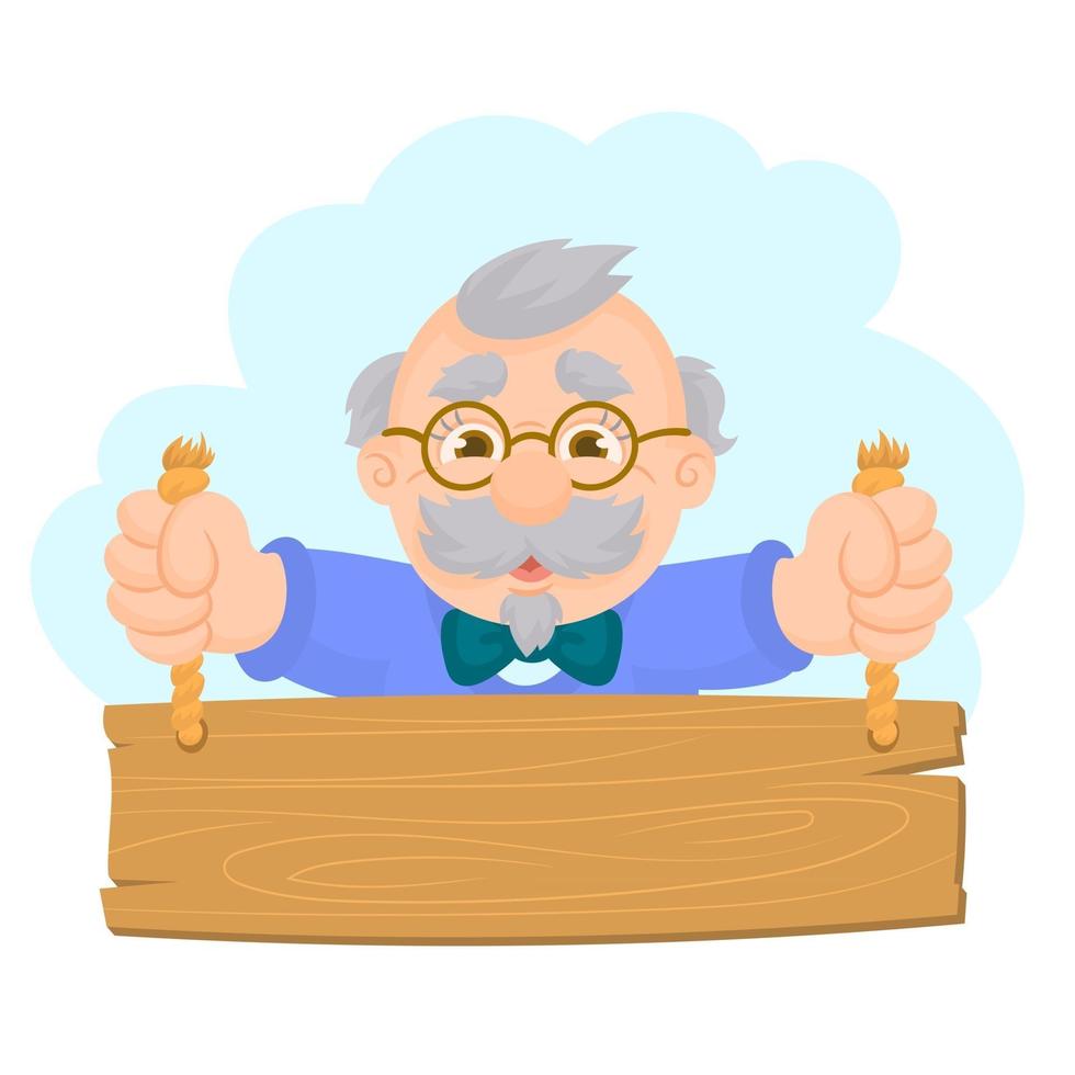 Smiling healthy old man with wooden sign holding in his hands vector
