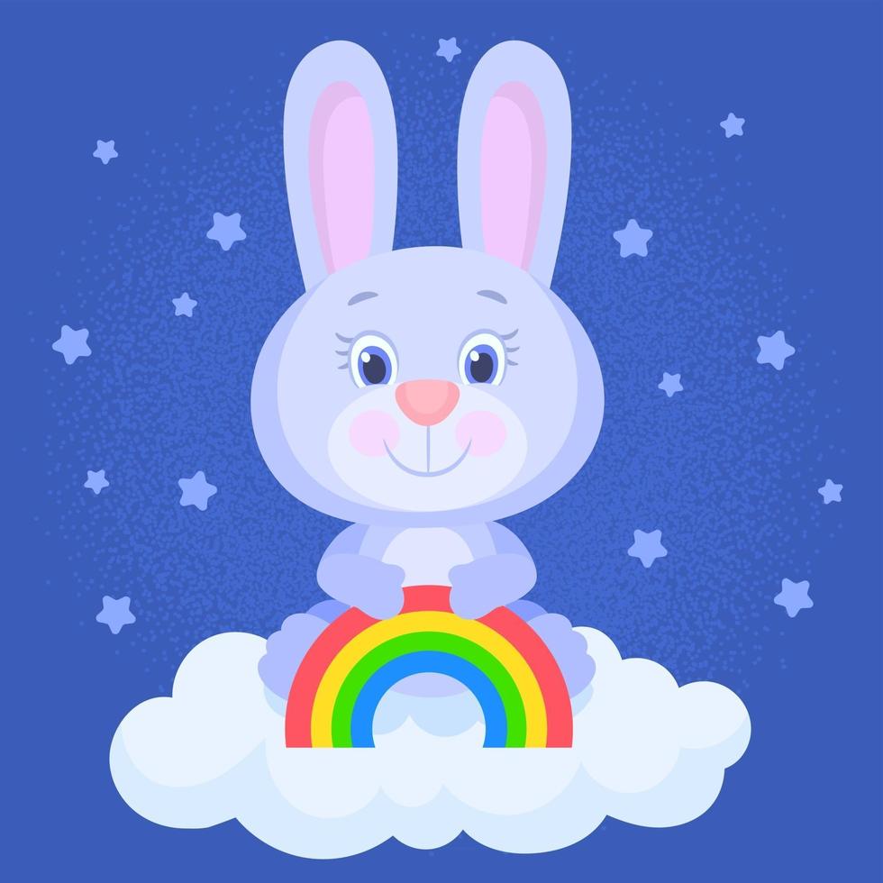 Gray fluffy pink-nosed rabbit, standing on a cloud, held up over a rainbow, with the starry sky in the background vector