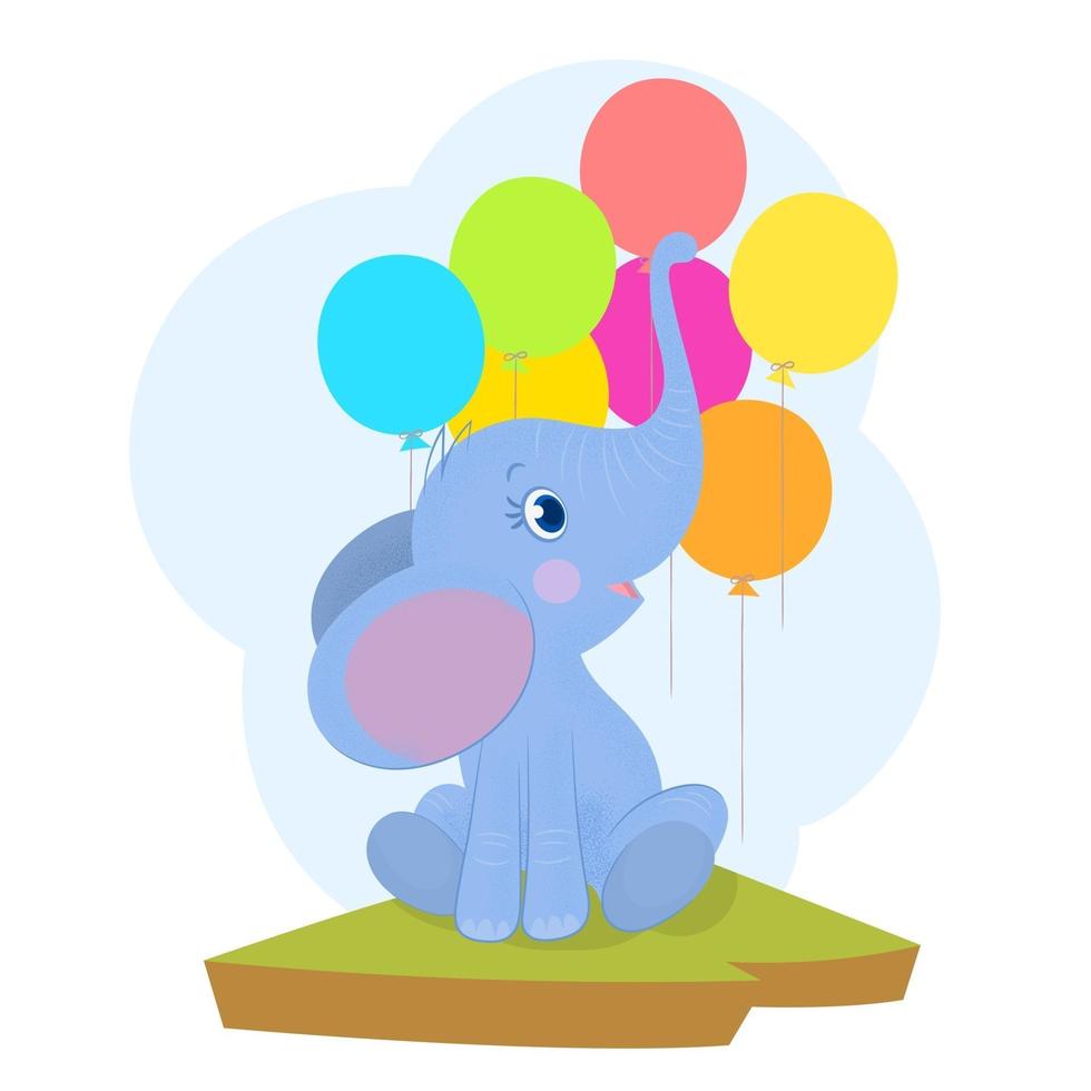 Pequeño elefante sentado en la hierba con globos en el fondo vector