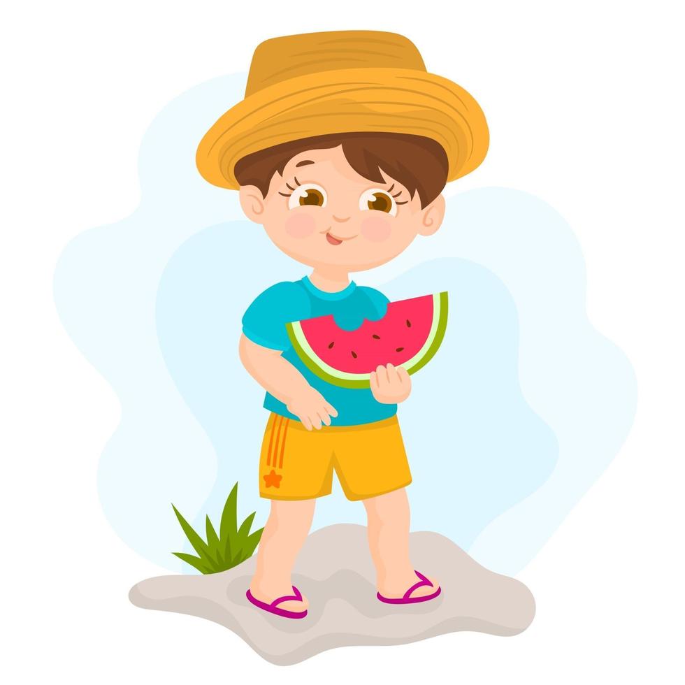 kid eats a red watermelon in summer season vector