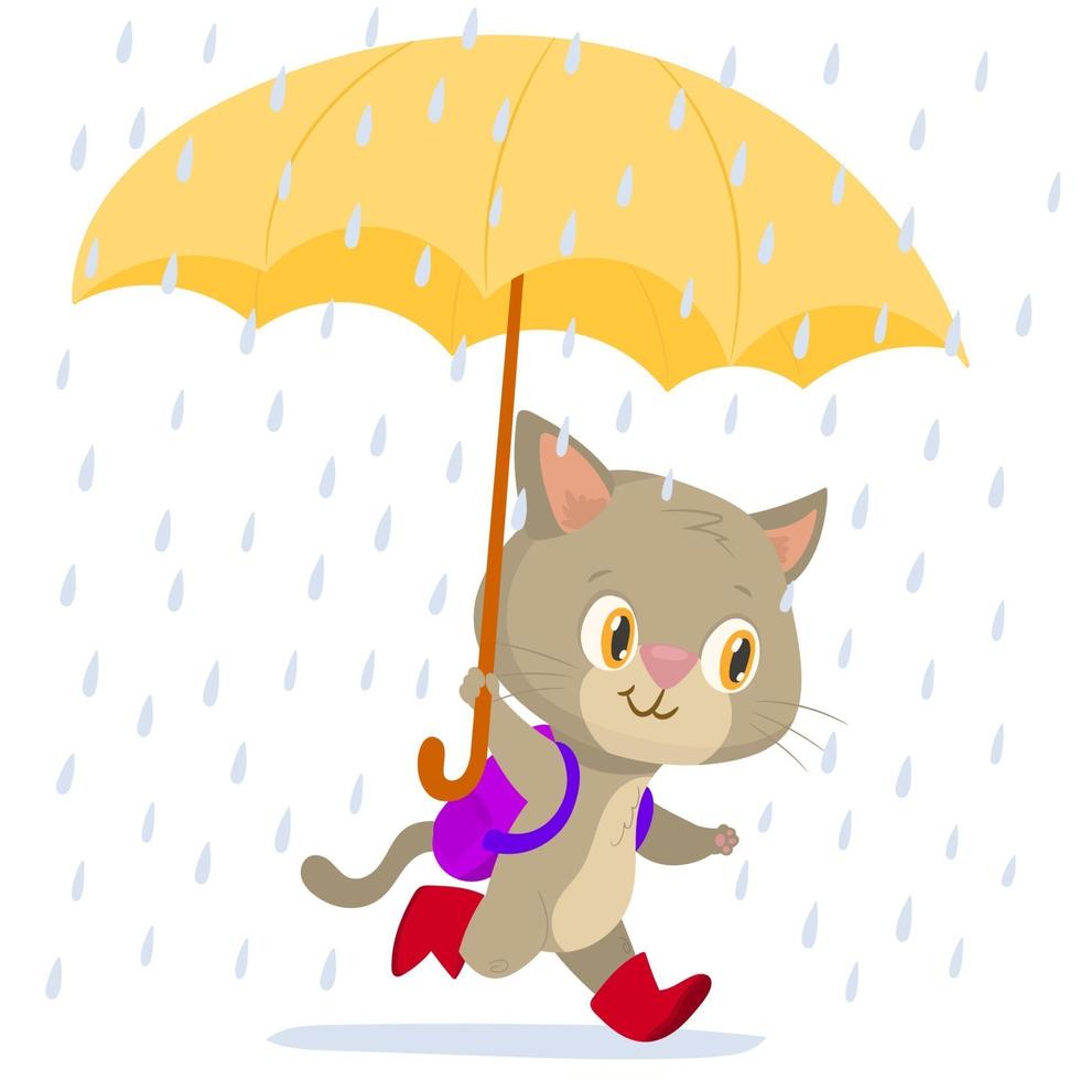 A little kitten walks to school with his umbrella vector