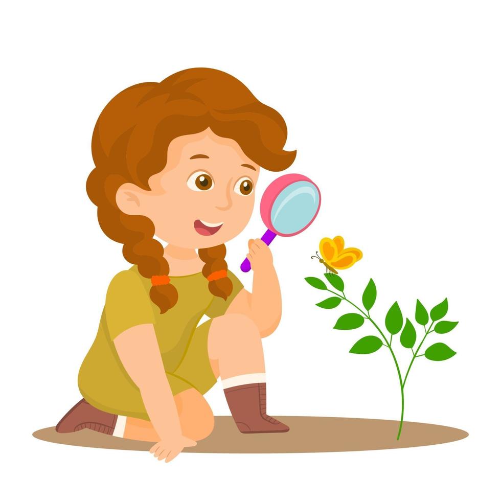 Girl observes with her magnifying glass a small butterfly vector
