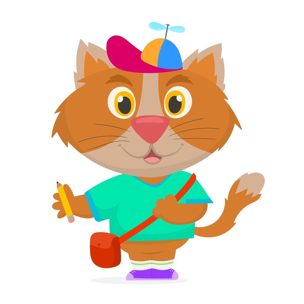 personaje de gatito preparándose para ir a la escuela vector