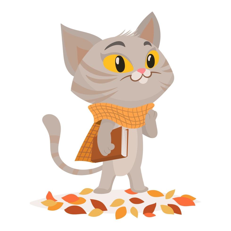 A kitten with a scarf walks among the autumn leaves vector