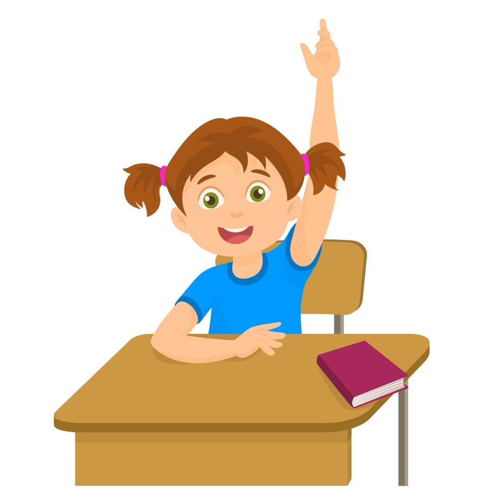 Student girl raises her hand to answer a question at school vector