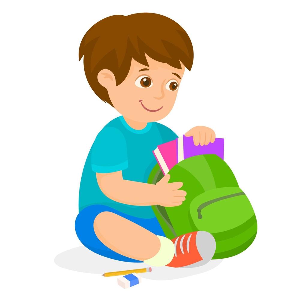 Boy getting his school supplies ready to go to school vector