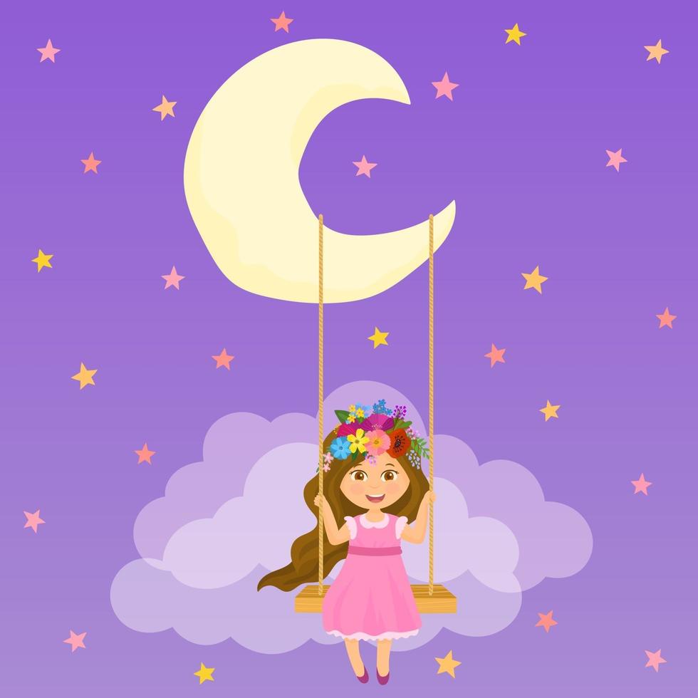 niña columpio luna. chica romantica columpiándose vector