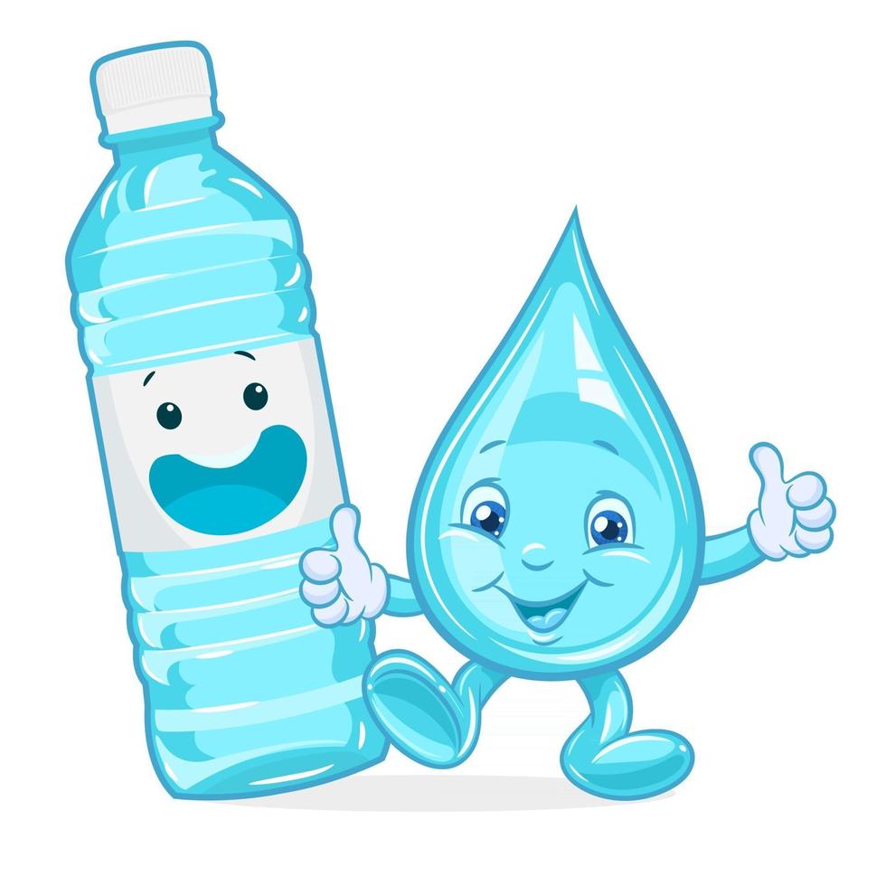 Water drop character with water bottle and showing thumb up vector