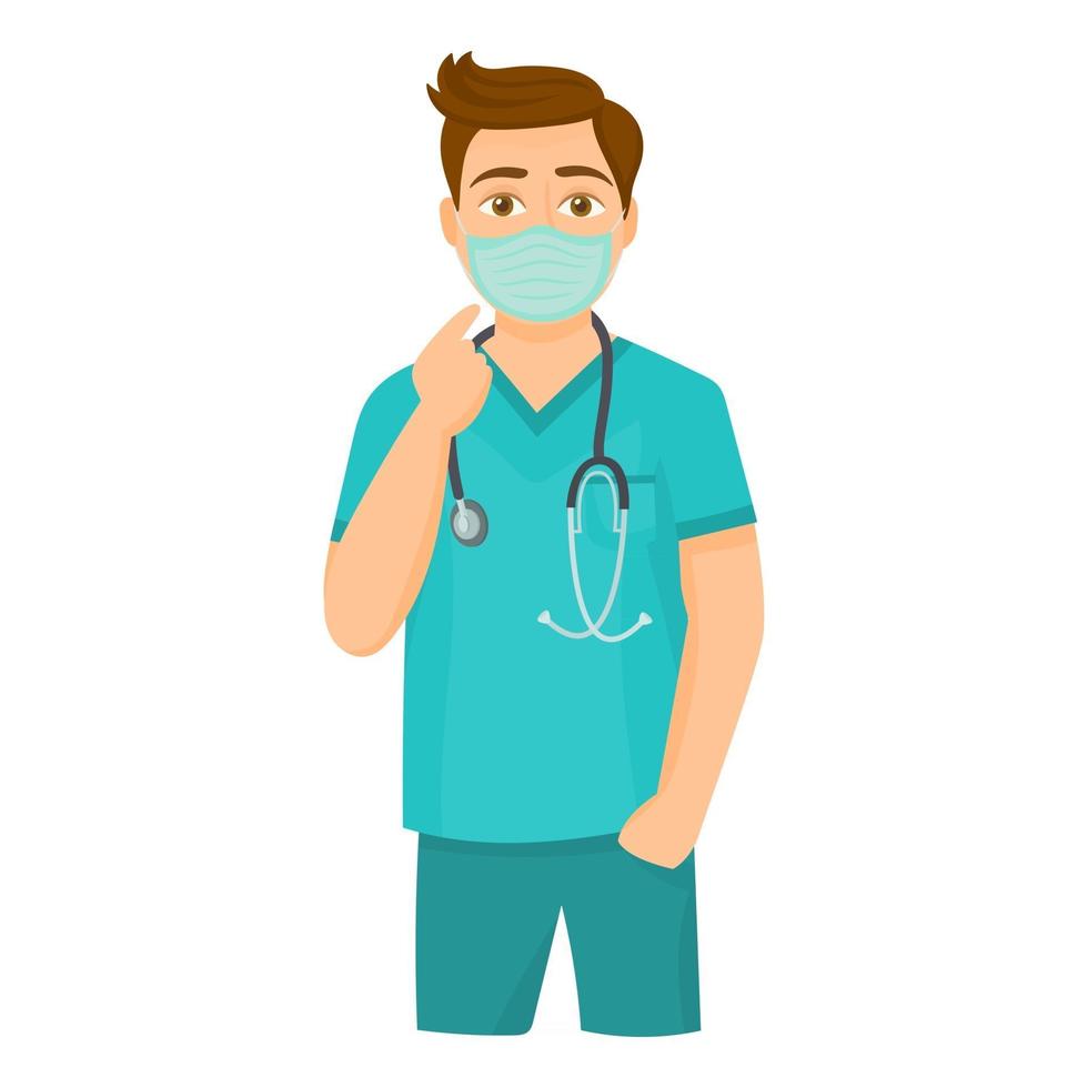 Cheerful male doctor with stethoscope wearing a face mask vector