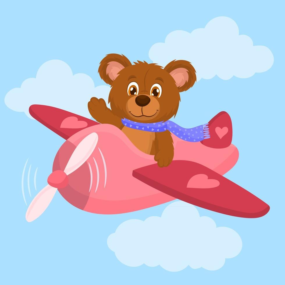 Cute teddy bear on an airplane. Flying with love. vector