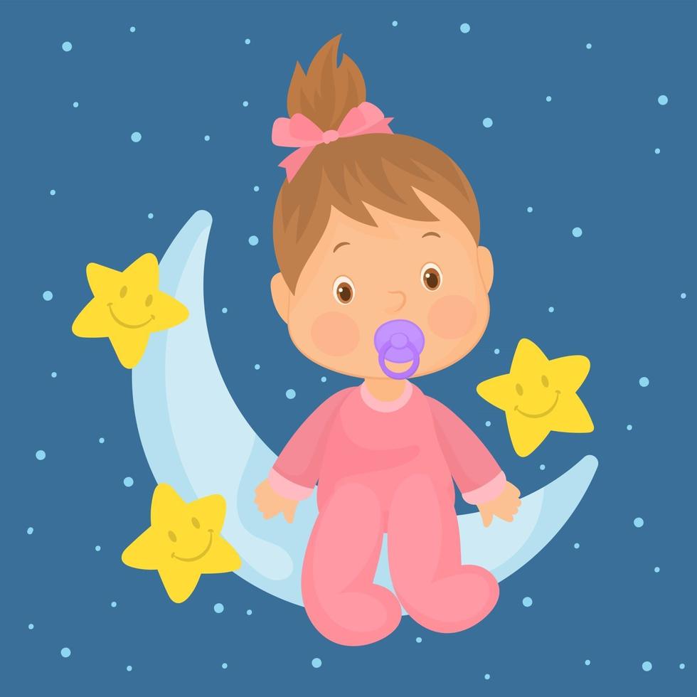 Niña con lazo en el pelo, chupete y mameluco rosa, sentada en la luna con cielo estrellado detrás vector