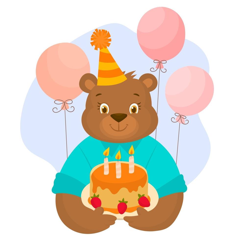 Teddy bear with party hat, strawberry birthday cake and balloons vector