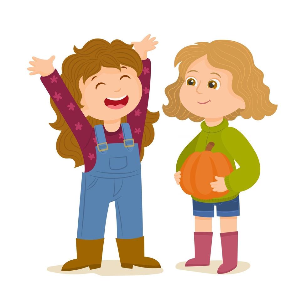 Two girls looking for a pumpkin on the farm vector