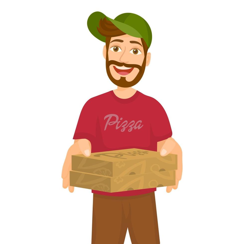 Pizza delivery man holding cardboard boxes vector