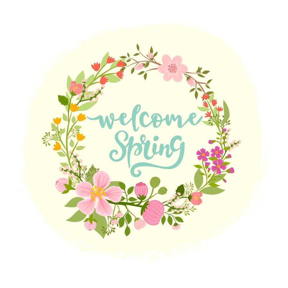 Floral branches in circle frame, welcome spring vector