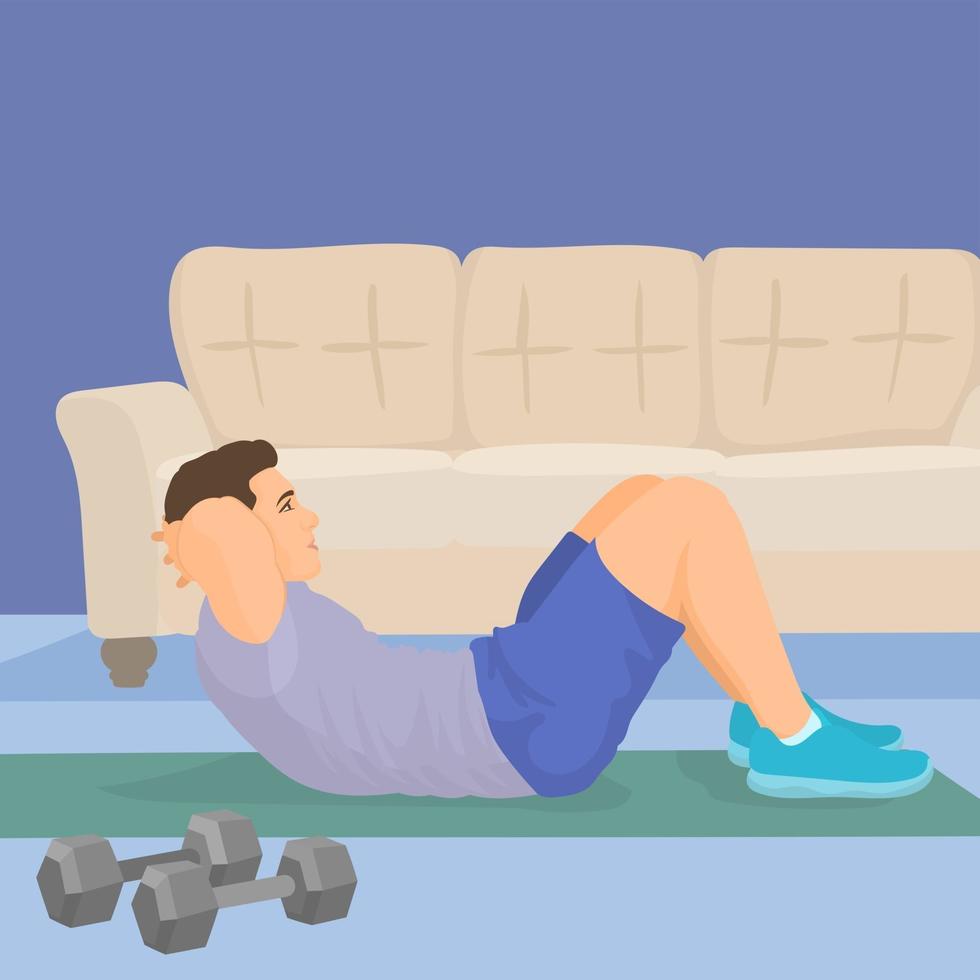 Man doing ab training and crunches in living room gym vector