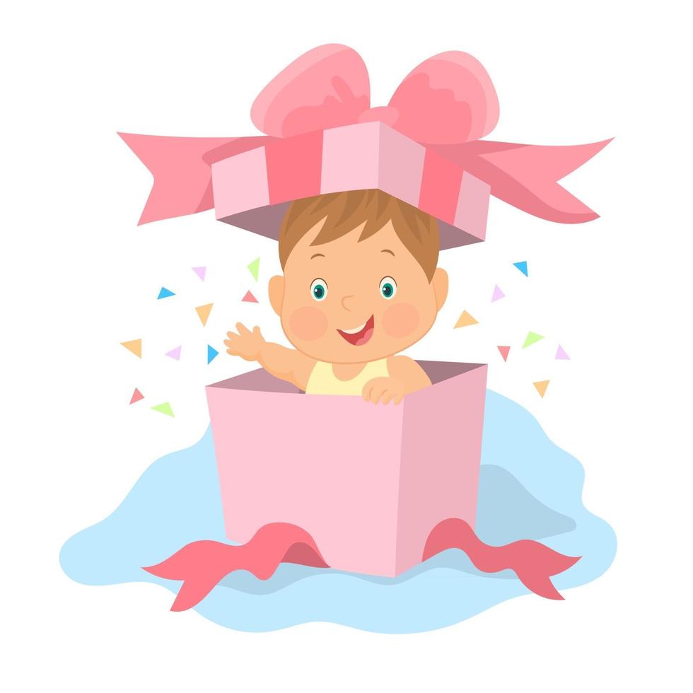 Little girl or boy coming out of gift box with confetti explosion vector