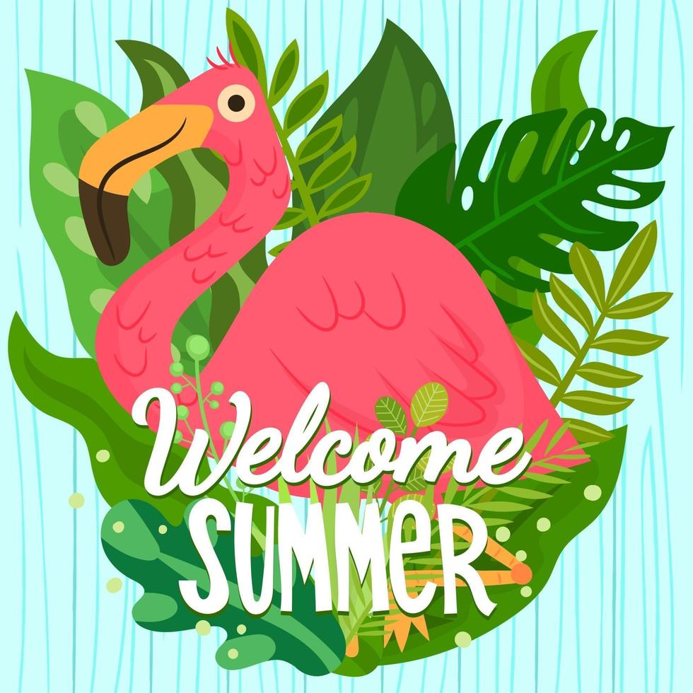 Colorful summer scene with flamingo and tropical leaves behind vector