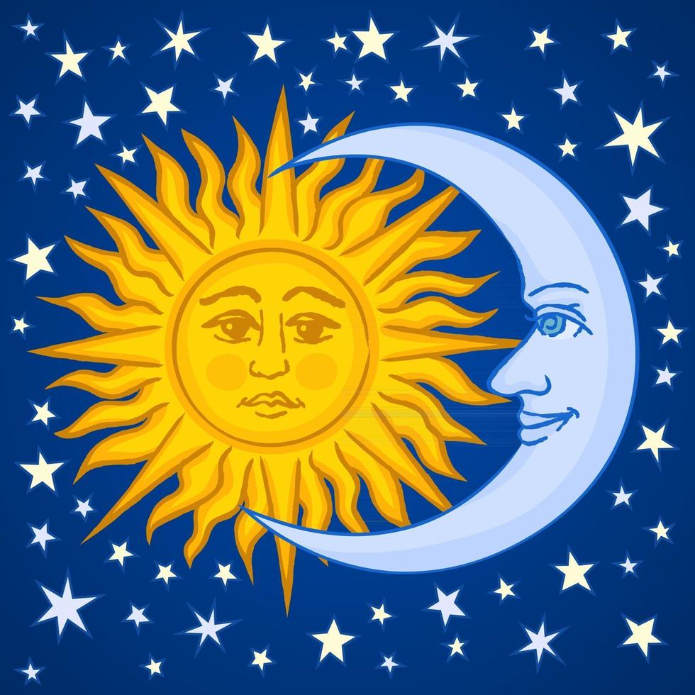Ethnic sun and moon with starry sky behind vector