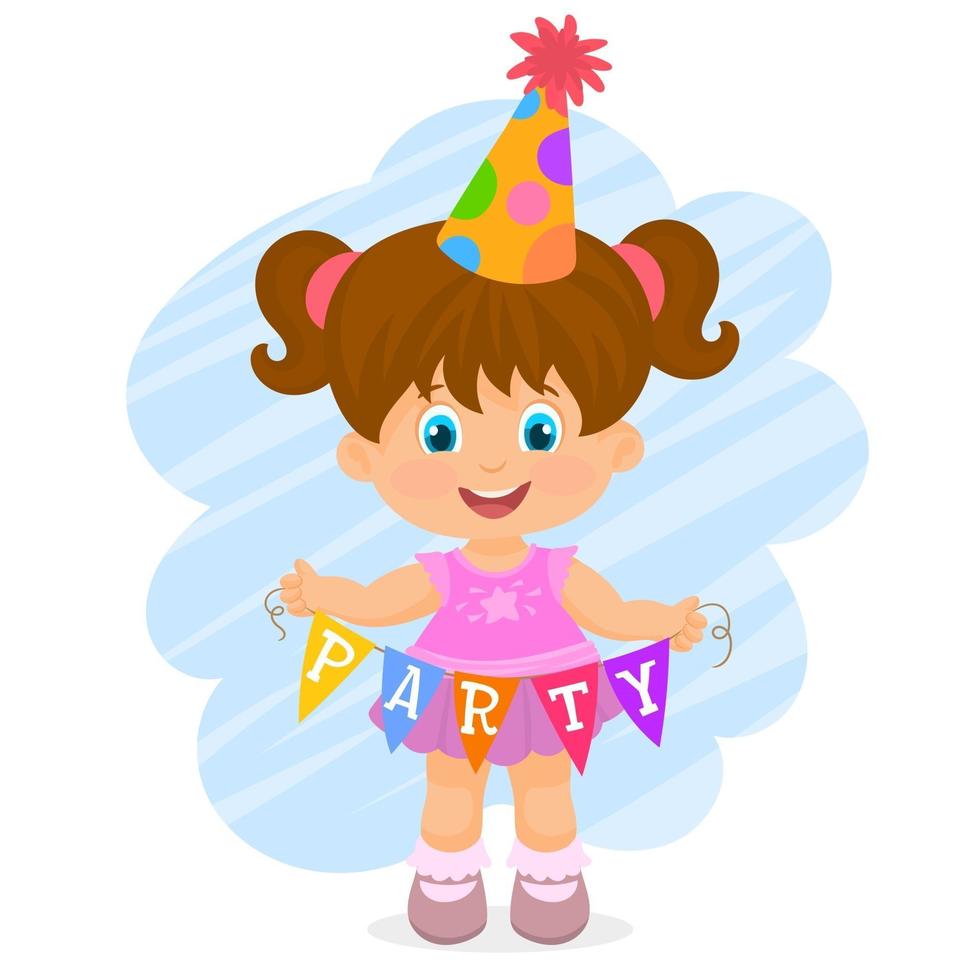 Girl in pink dress and party hat with party pennants in hand vector