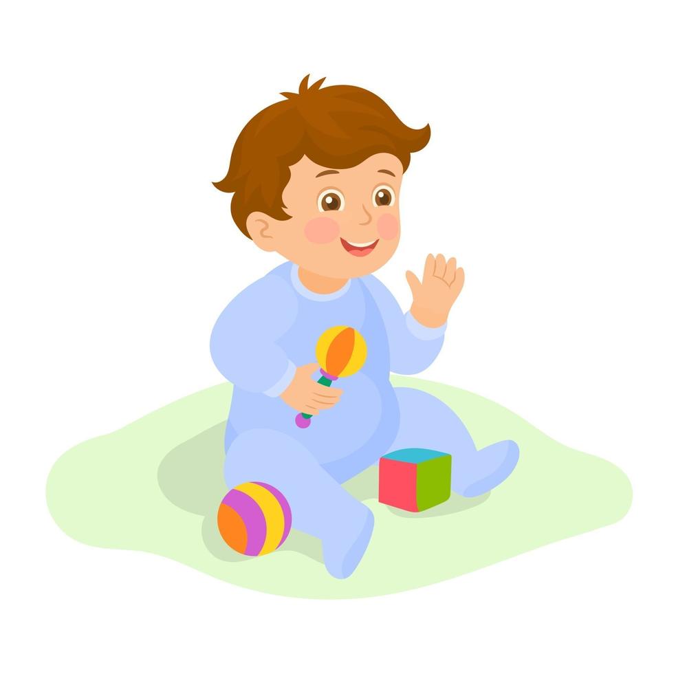 Baby boy sitting playing with rattle and ball vector