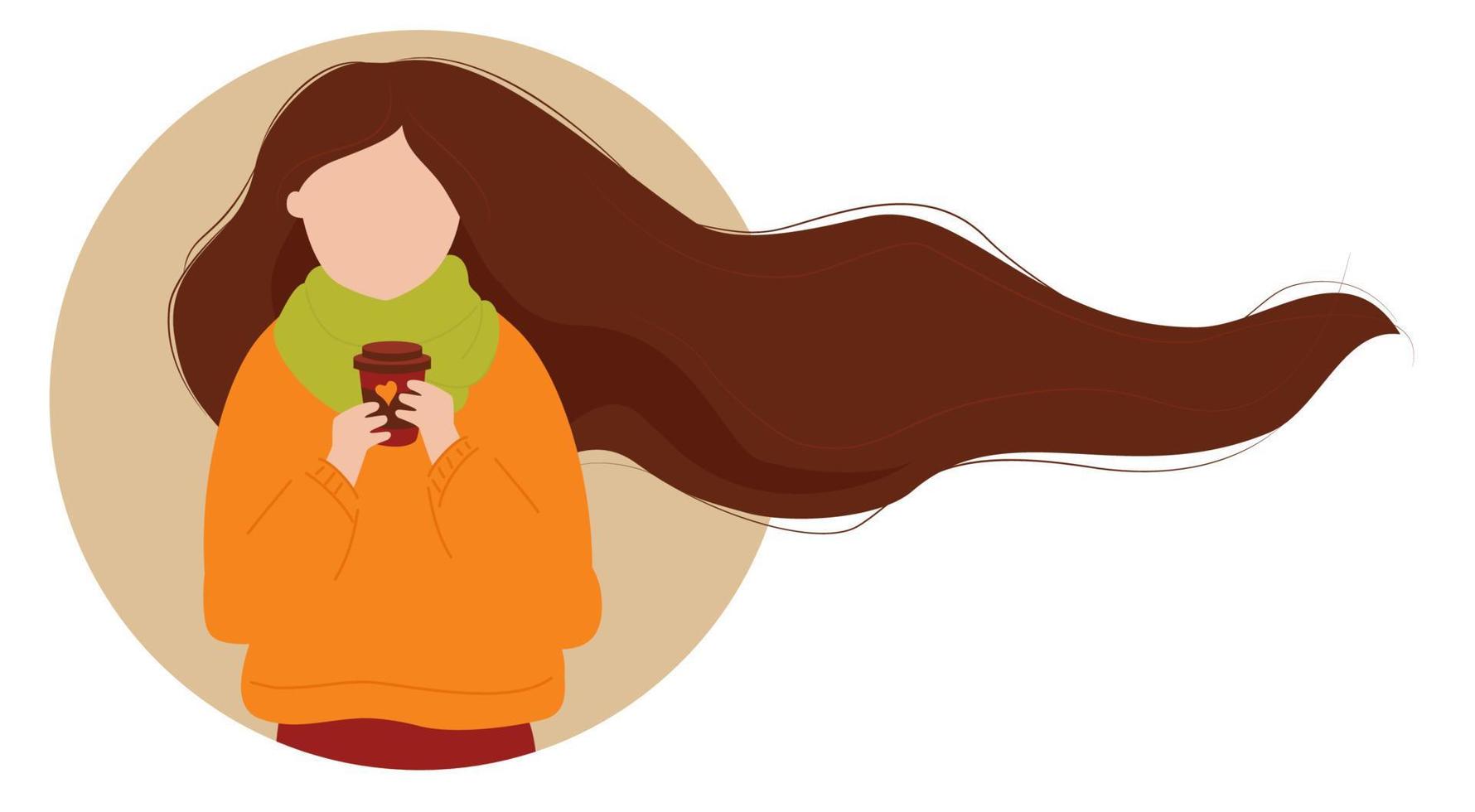 Girl with developing long hair with coffee. Vector illustration