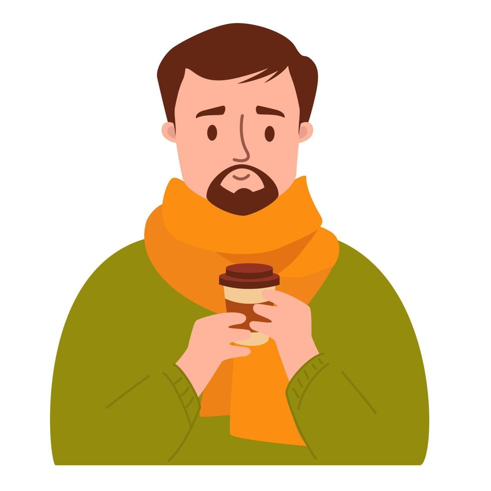 Retrato de un hombre con bigote y barba en un suéter y bufanda con café vector