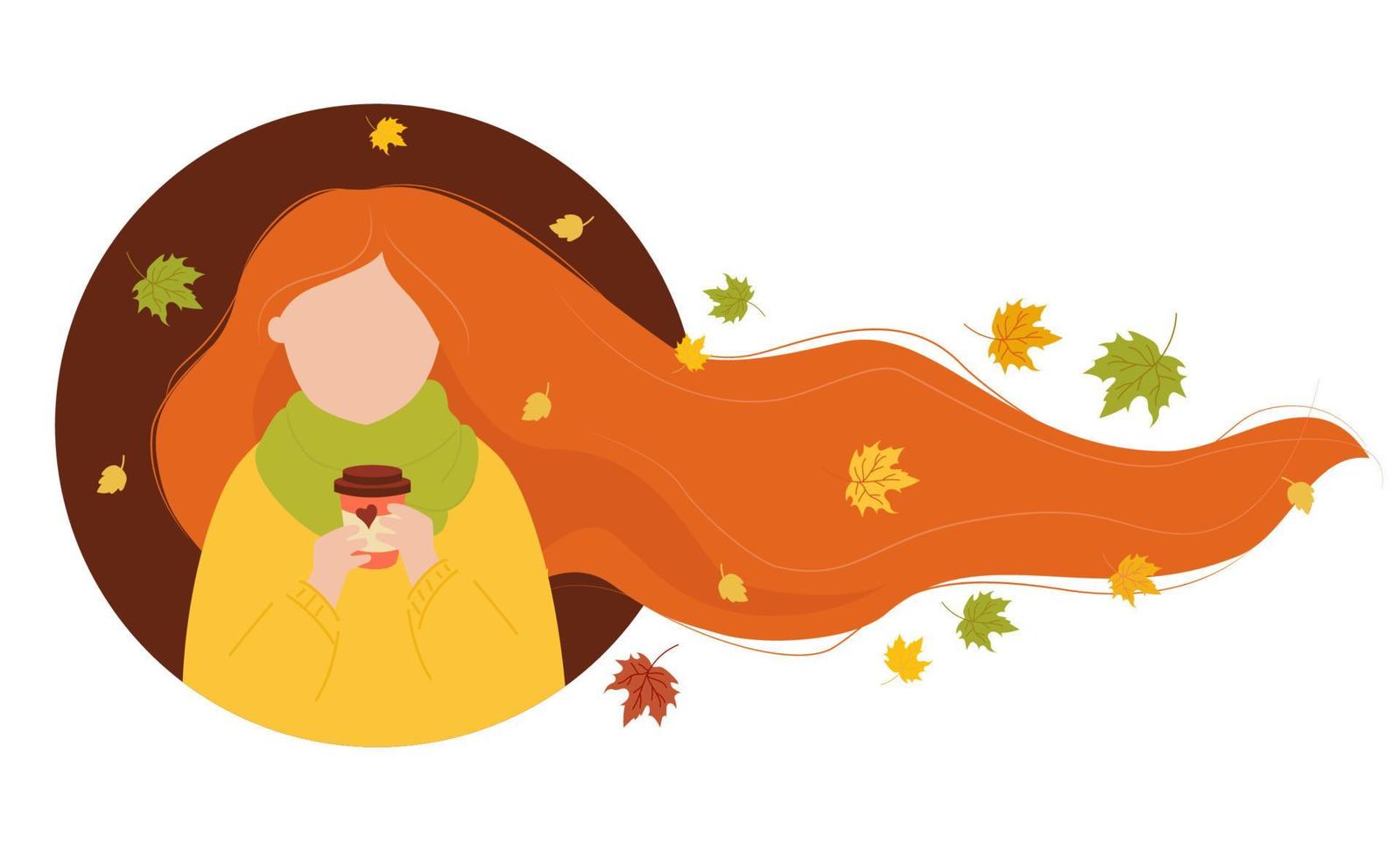 Red-haired Girl with developing long hair with autumn leaves with coffee. Vector illustration