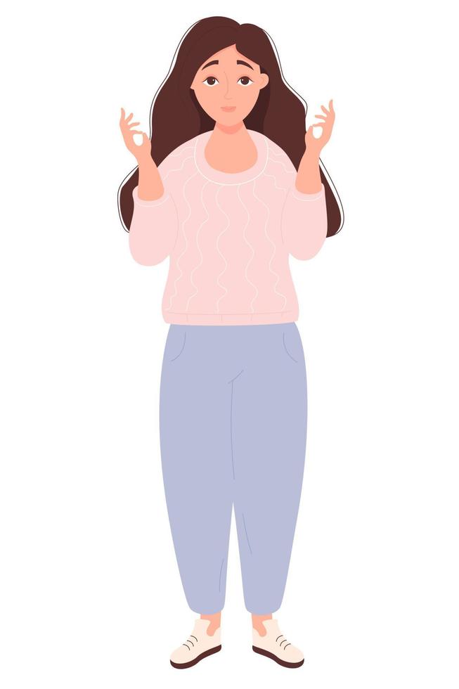 woman in full growth of hands in asana meditates. Vector illustration