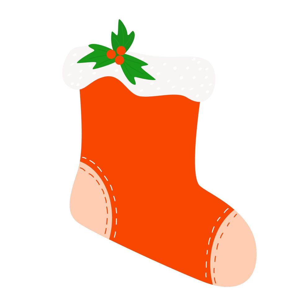 Red Christmas Sock with  New Years . Vector illustrationMistletoe