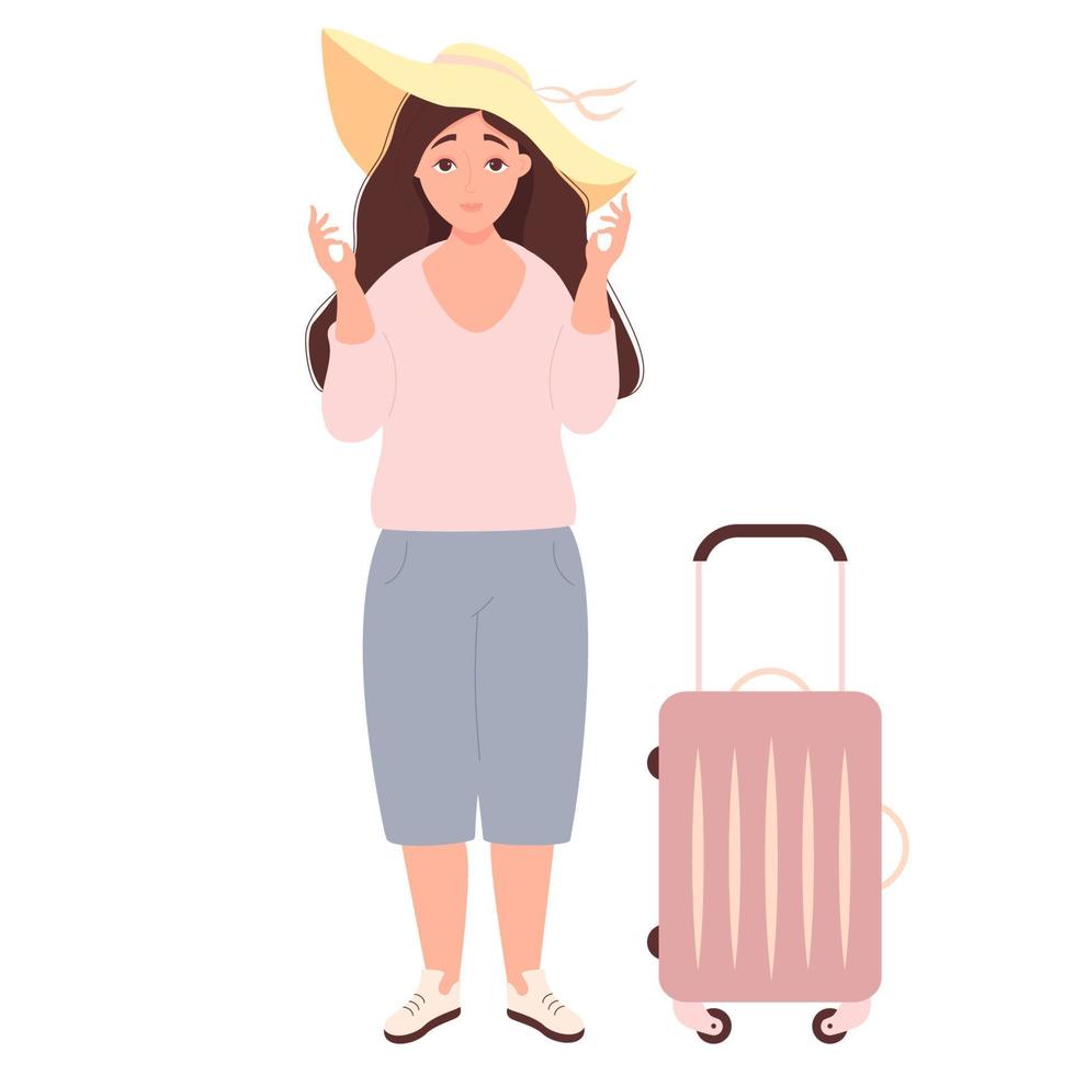 Beautiful girl tourist in hat from sun and next to suitcase on wheels. Raised hands in asana, meditates. Vector illustration