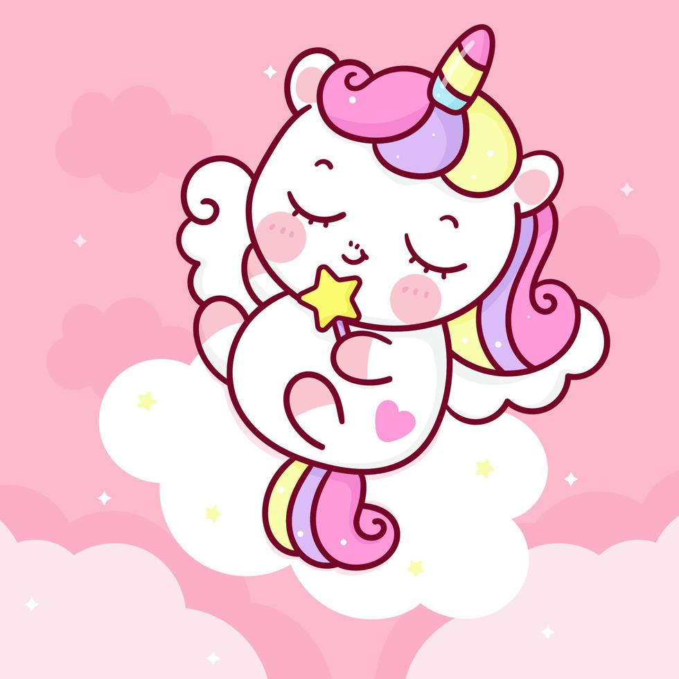 Cute unicorn cartoon kawaii vector animal sleep on cloud horn horse fairytale illustration