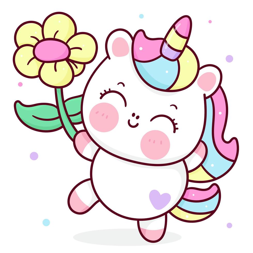 Cute unicorn cartoon kawaii vector animal holding flower horn horse fairytale illustration