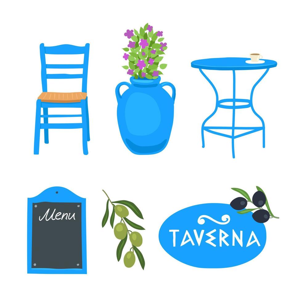 Objects of a Greek tavern, Greece. Table, chair, signboard, flowers in a pot, olives, olives. Vector set.