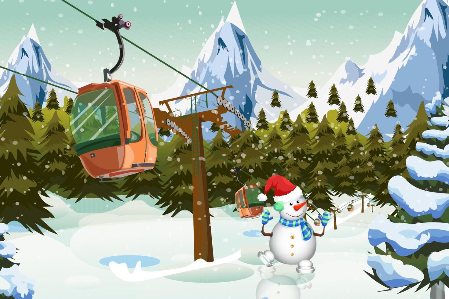 invierno montañas teleférico con muñeco de nieve remonte navidad vector