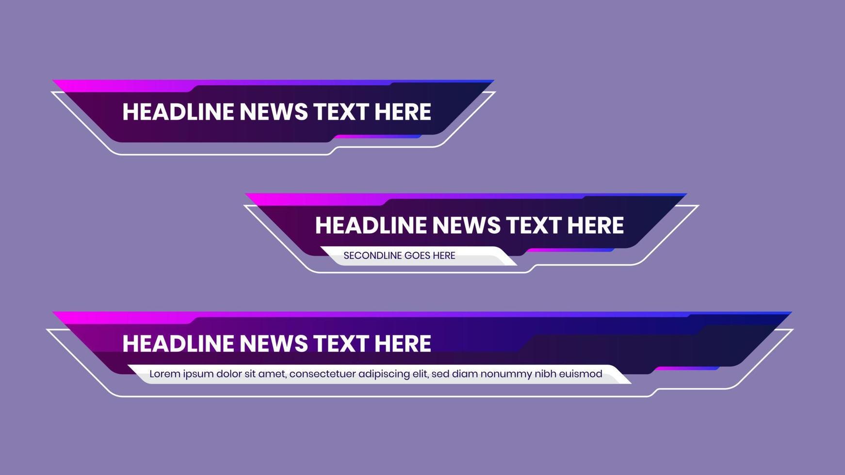 lower third pack with modern colorful. Vector video headline title or television news bar design template isolated on white background.