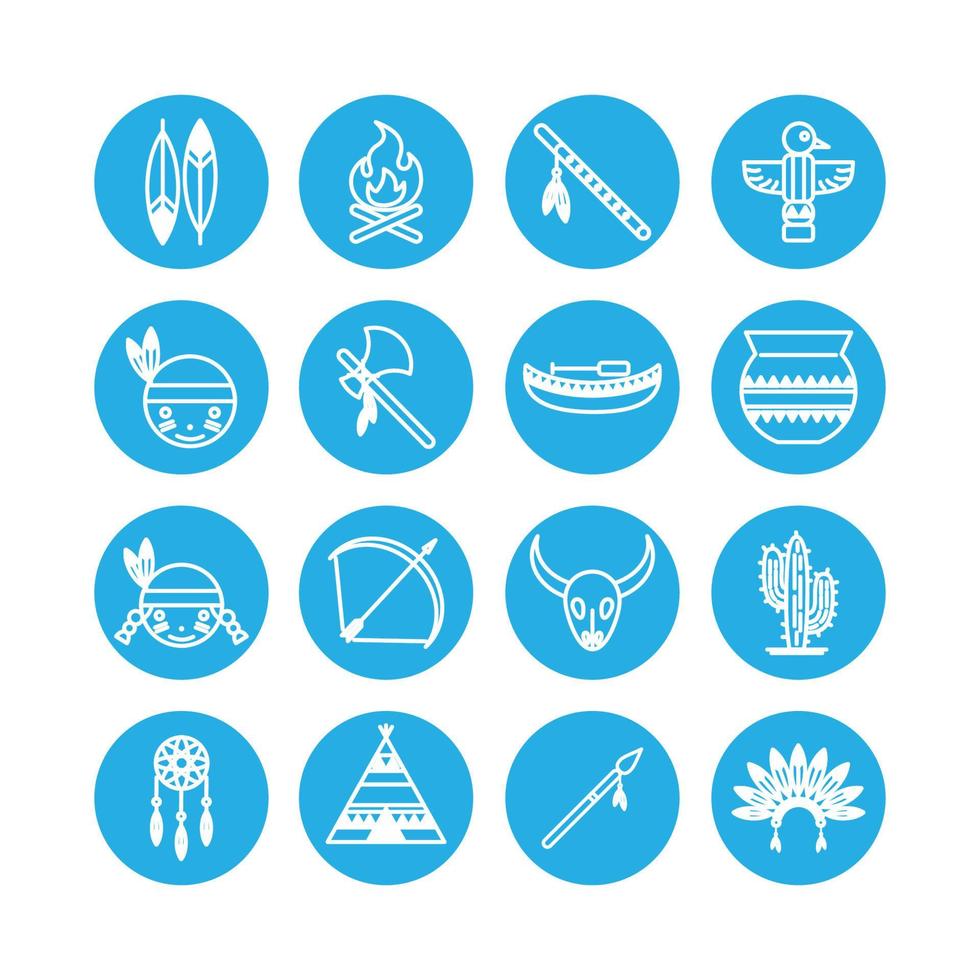 Icon set vector graphic of American native. Icon in blue and white style.