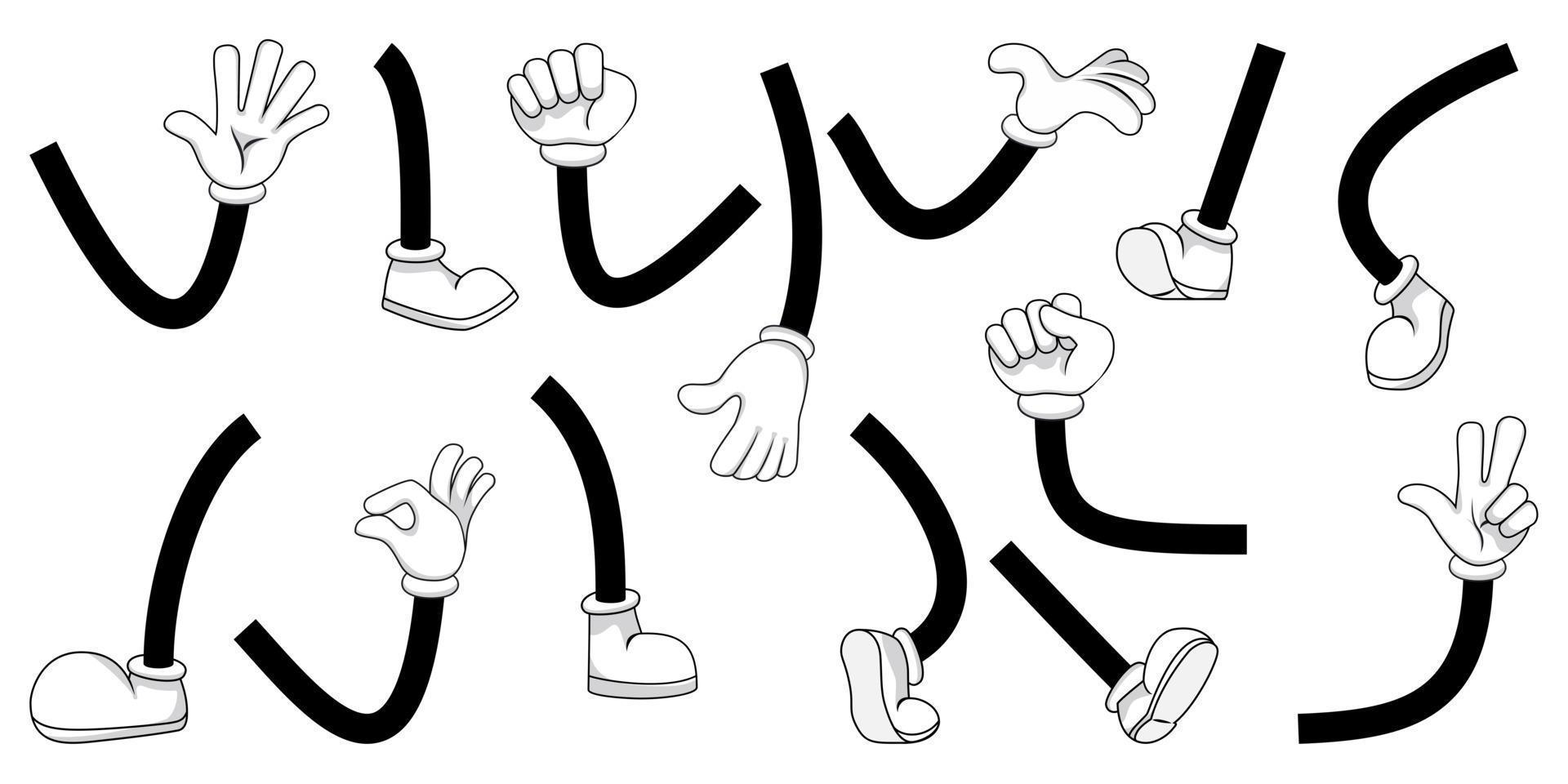 Cute hermosas manos y piernas cómicas con diferentes poses y posiciones con los dedos aislados sobre fondo blanco. vector