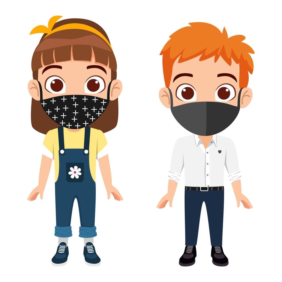 Cute beautiful kid boy and girl characters wearing beautiful outfits and facial fabric mask standing and posing isolated on white background vector