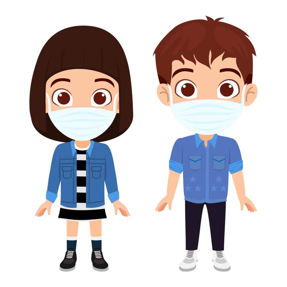 Cute beautiful kid boy and girl characters wearing beautiful outfits and facial mask standing and posing isolated vector