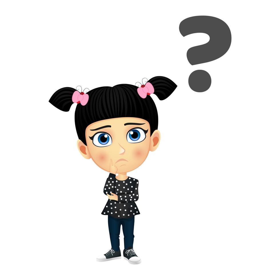 Happy cute Mascot kid girl character standing and thinking with question mark vector