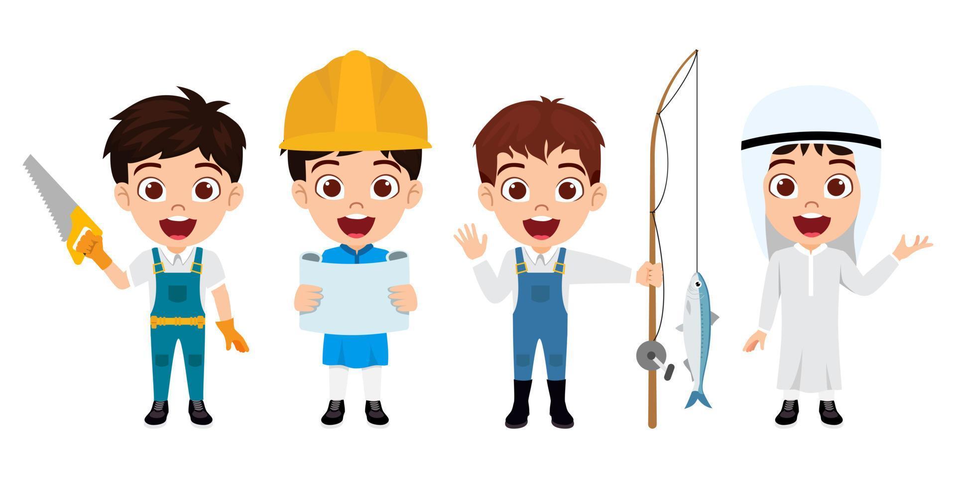 Happy cute kid boys and girls professionals character standing carpenter engineer fisherman businessman isolated on white background vector