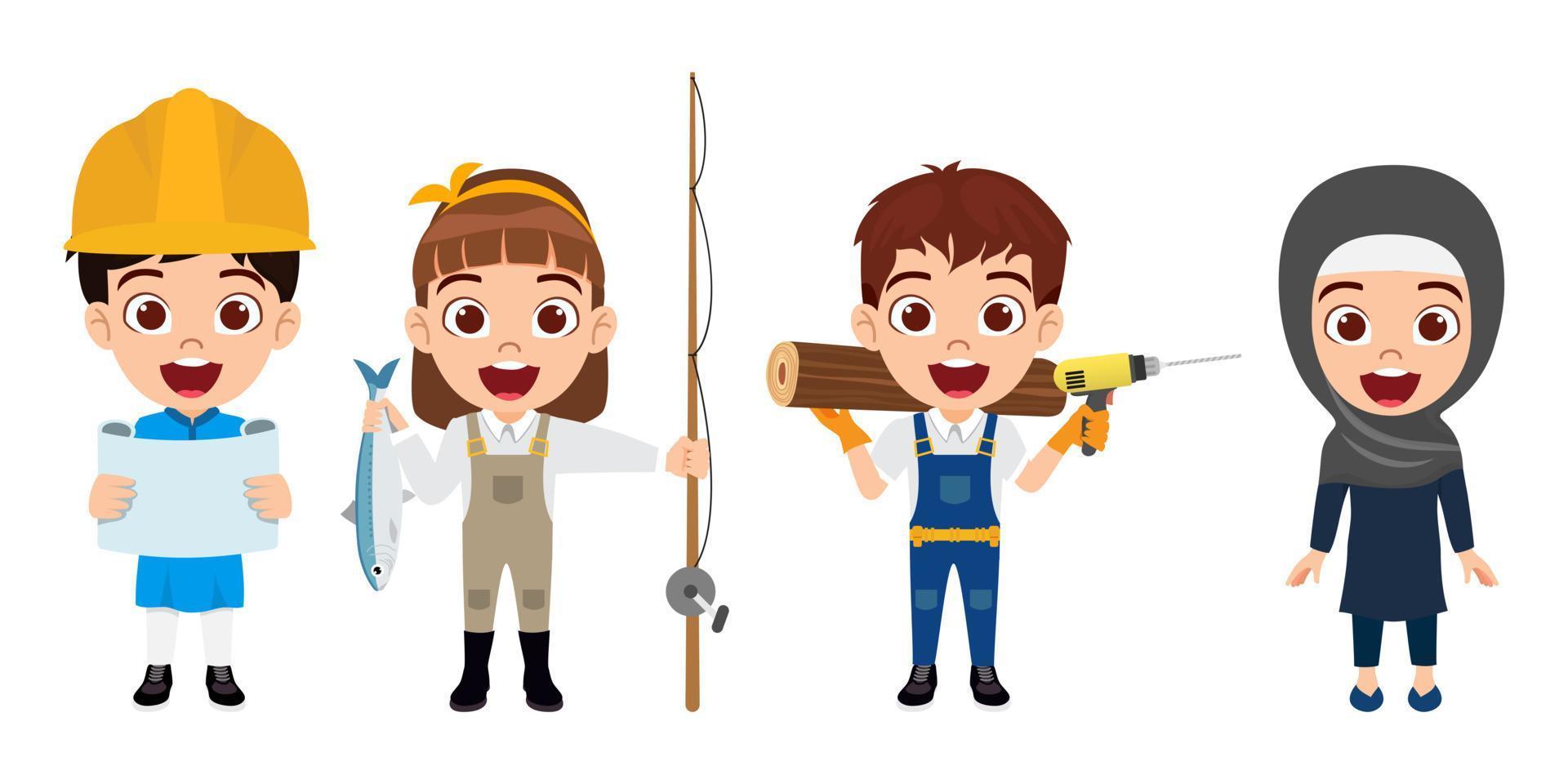 feliz lindo hermoso niño niños y niñas profesionales carácter permanente carpintero ingeniero pescador empresario aislado vector