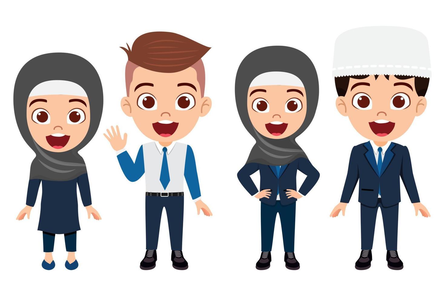 Happy cute Muslim Arab kid boy and girl student and businessman characters standing together and waving isolated vector