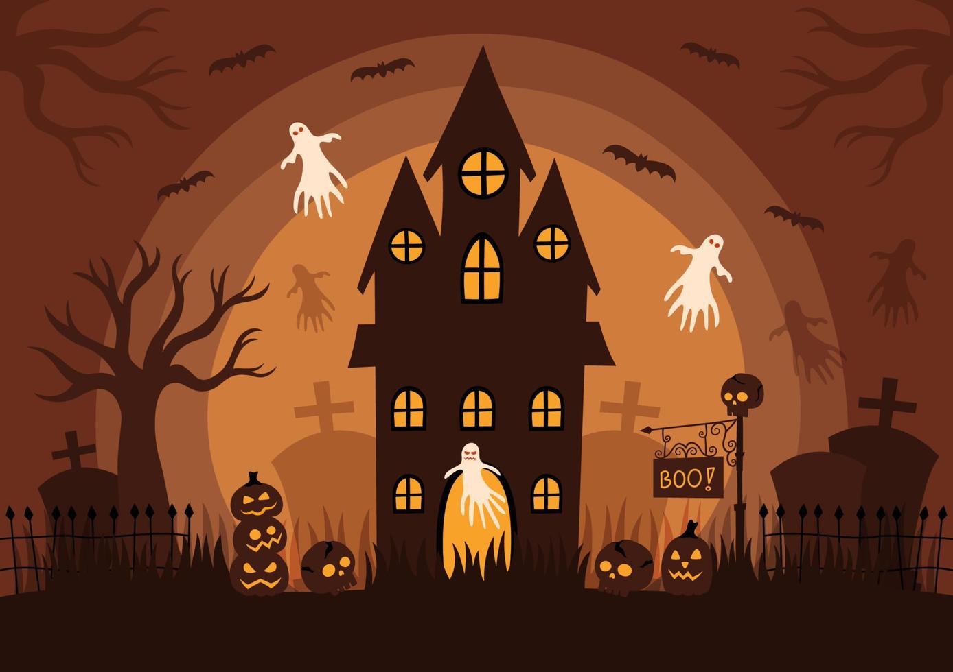 Hand drawn flat Halloween silhouette background, vector illustration